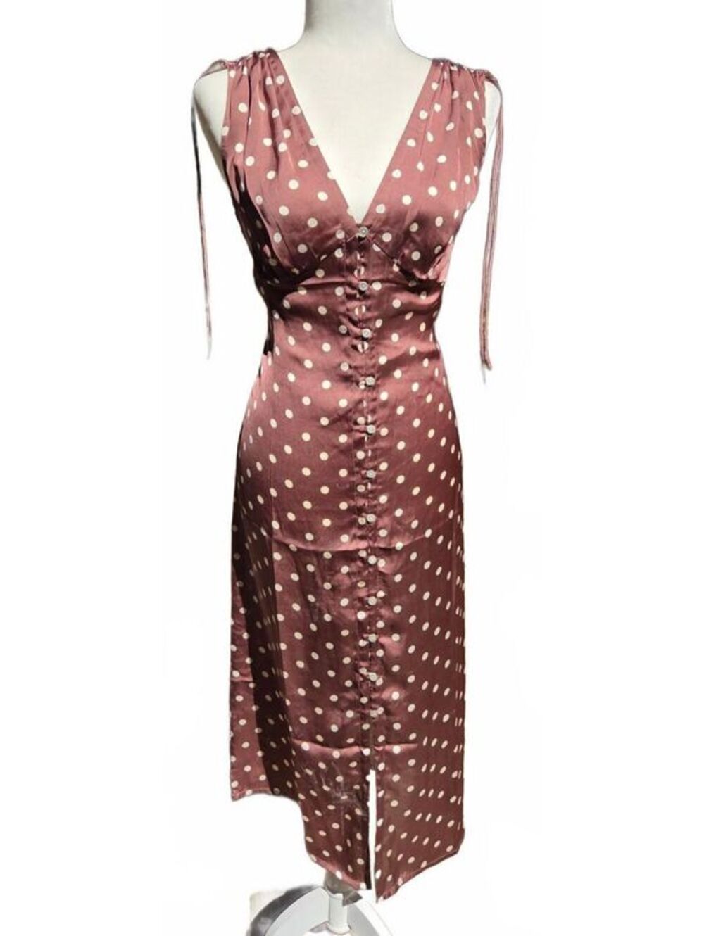 Y2K Lucky Brand Brown Polka Dot Silk Midi Dress V-Neck Lace-Up Back Coquette M